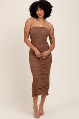 Mocha Mesh Strapless Ruched Maternity Dress