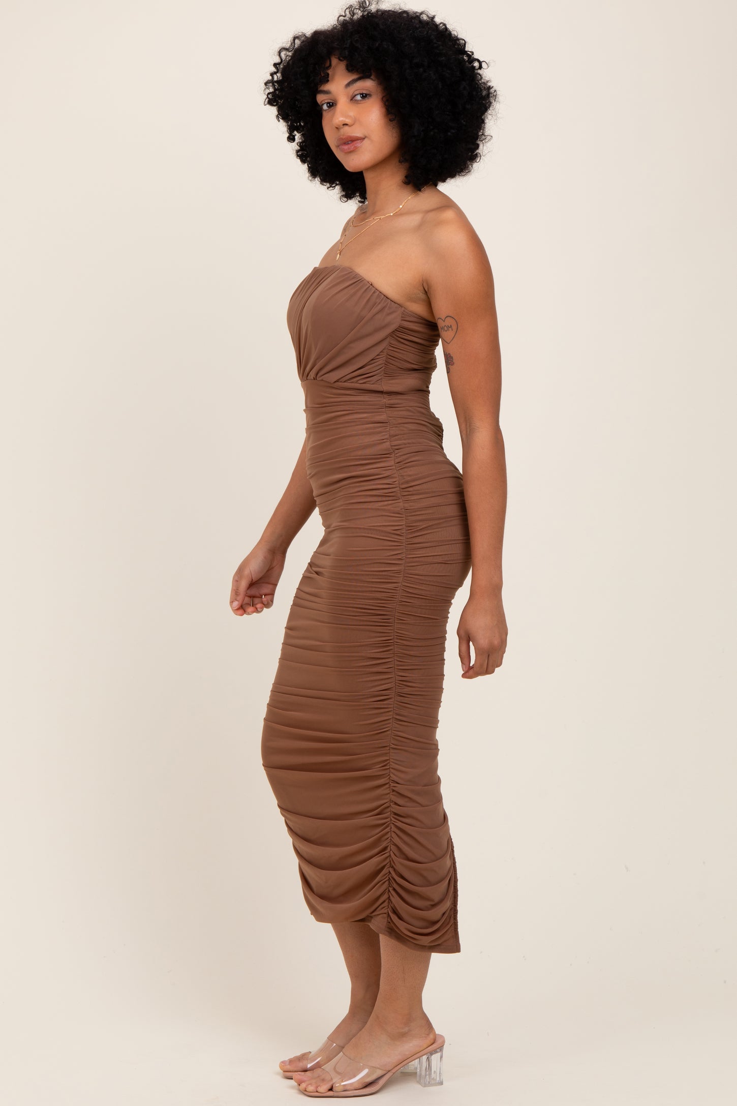 Mocha Mesh Strapless Ruched Maternity Dress
