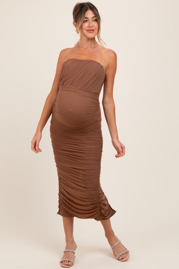 Mocha Mesh Strapless Ruched Maternity Maxi Dress