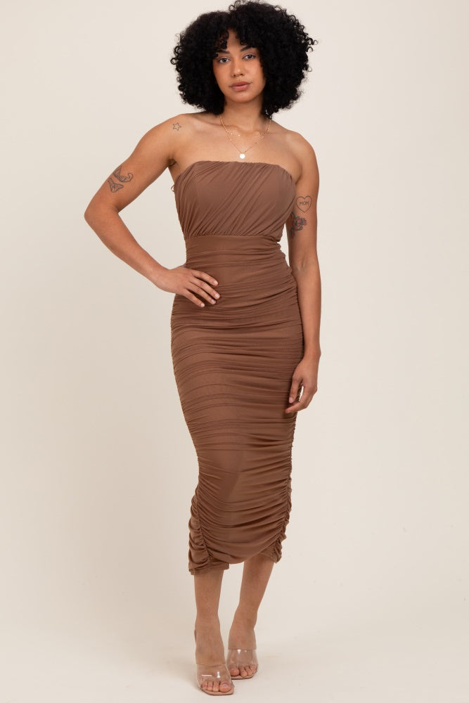 Mocha Mesh Strapless Ruched Maternity Maxi Dress