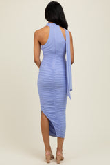 Periwinkle Mesh Draped Scarf Ruched Midi Dress