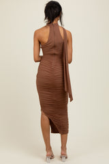 Mocha Mesh Draped Scarf Ruched Midi Dress