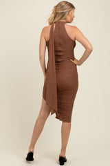 Mocha Mesh Draped Scarf Ruched Maternity Midi Dress