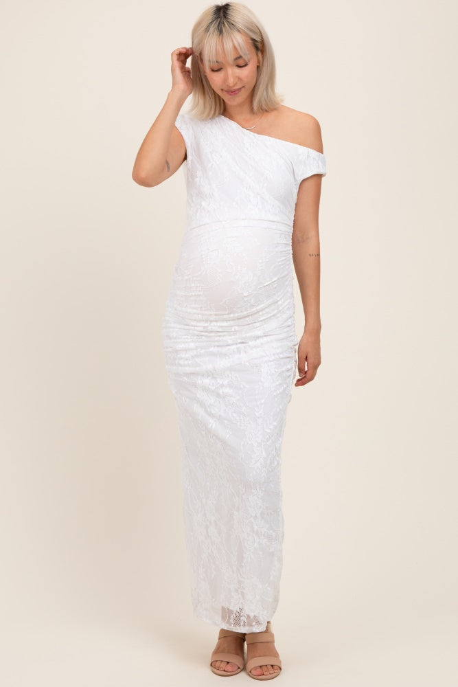 White Lace Asymmetrical Ruched Maternity Maxi Dress