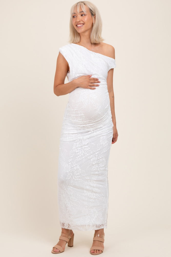 White Lace Asymmetrical Ruched Maternity Maxi Dress