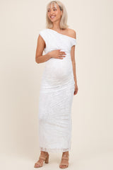 White Lace Asymmetrical Ruched Maternity Maxi Dress