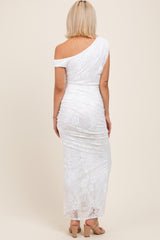 White Lace Asymmetrical Ruched Maternity Maxi Dress
