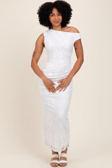 White Lace Asymmetrical Ruched Maternity Maxi Dress