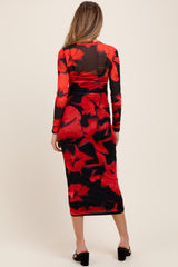Red Floral Print Mesh Long Sleeve Maternity Maxi Dress