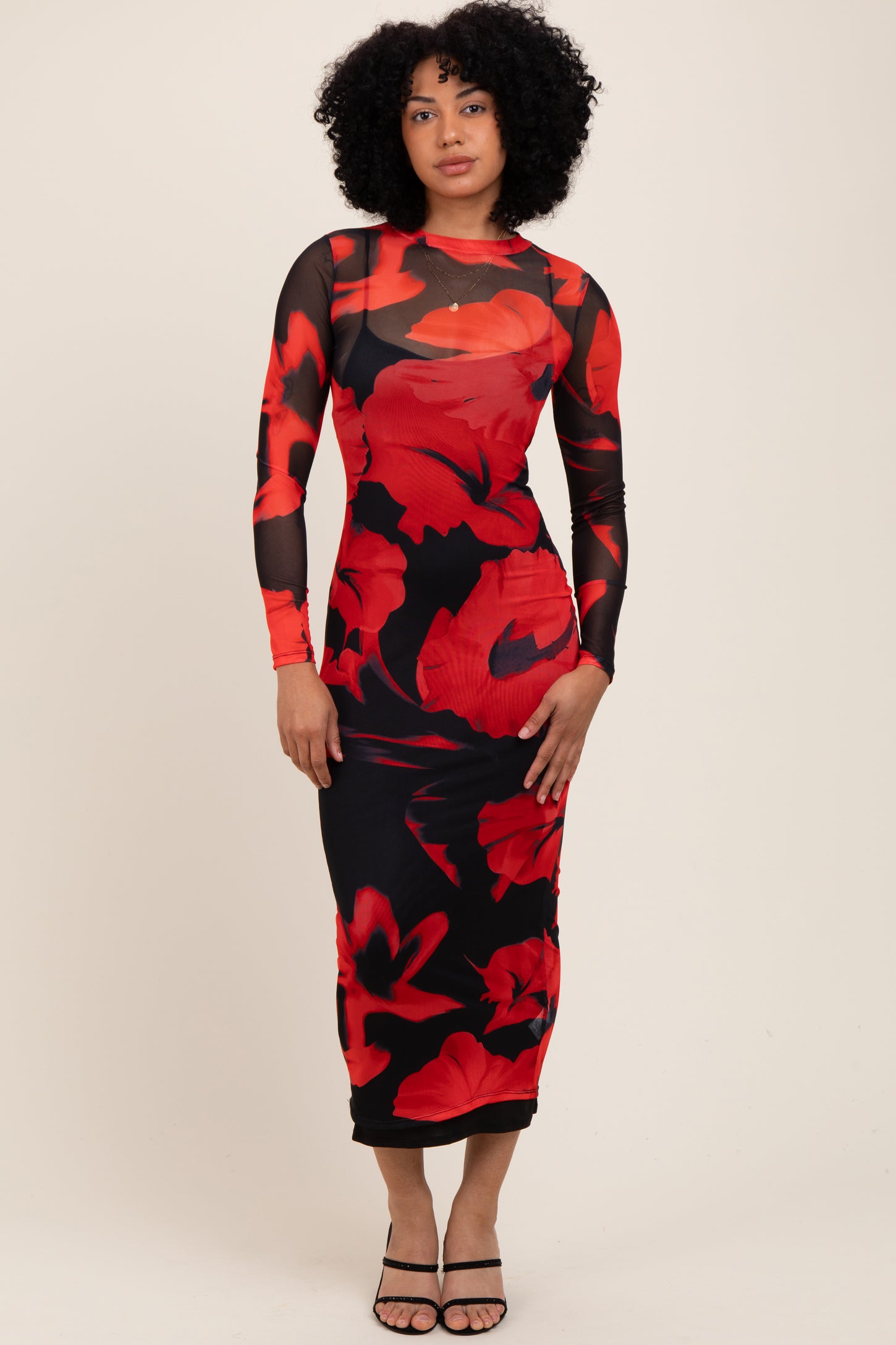 Red Floral Print Mesh Long Sleeve Maxi Dress