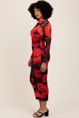 Red Floral Print Mesh Long Sleeve Maxi Dress