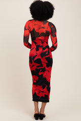 Red Floral Print Mesh Long Sleeve Maxi Dress