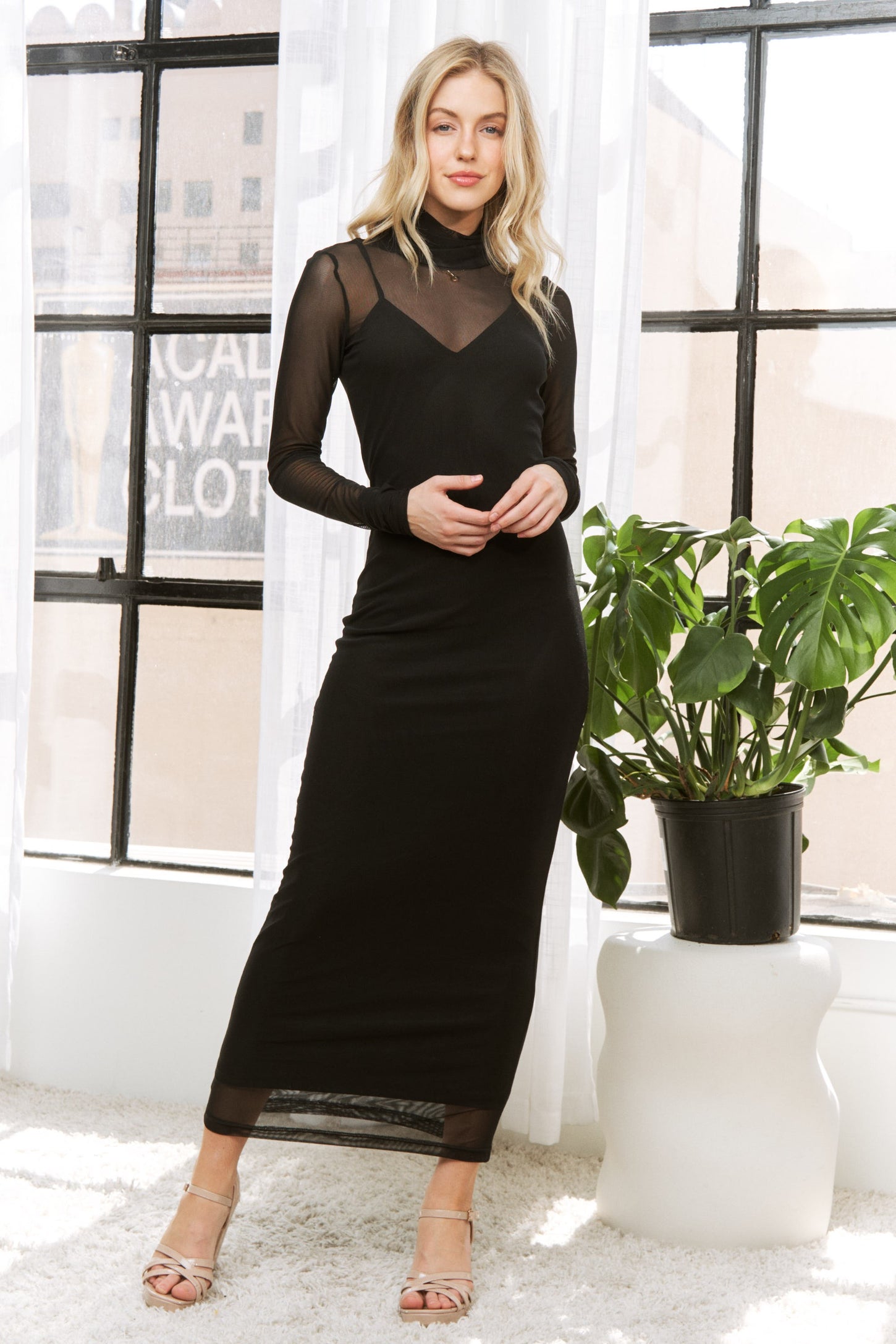 Black Mesh Overlay Long Sleeve Maxi Dress PinkBlush Black Mesh Overlay Long Sleeve Maxi Dress PinkBlush