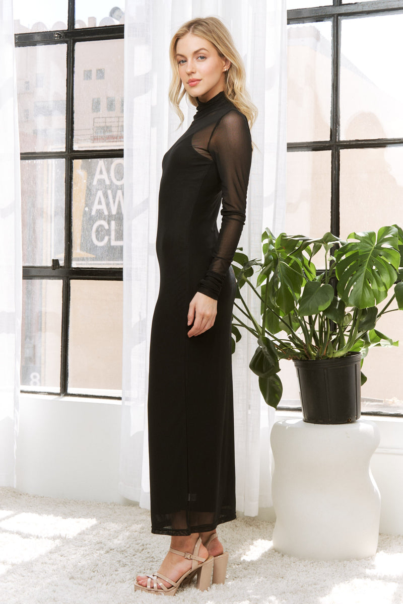 black long sleeve mesh dress Long Sleeve Mesh Panel Detail Maxi Dress In Black Slinky | EGO US