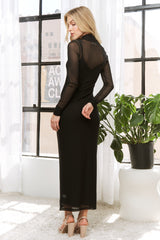 Black Mesh Overlay Long Sleeve Maxi Dress