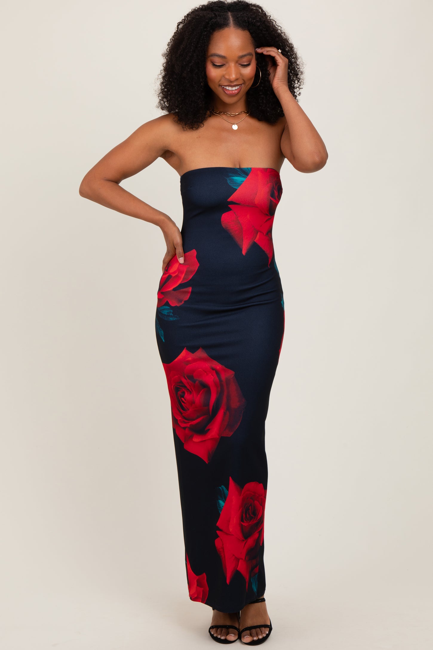 Navy Floral Strapless Maxi Dress
