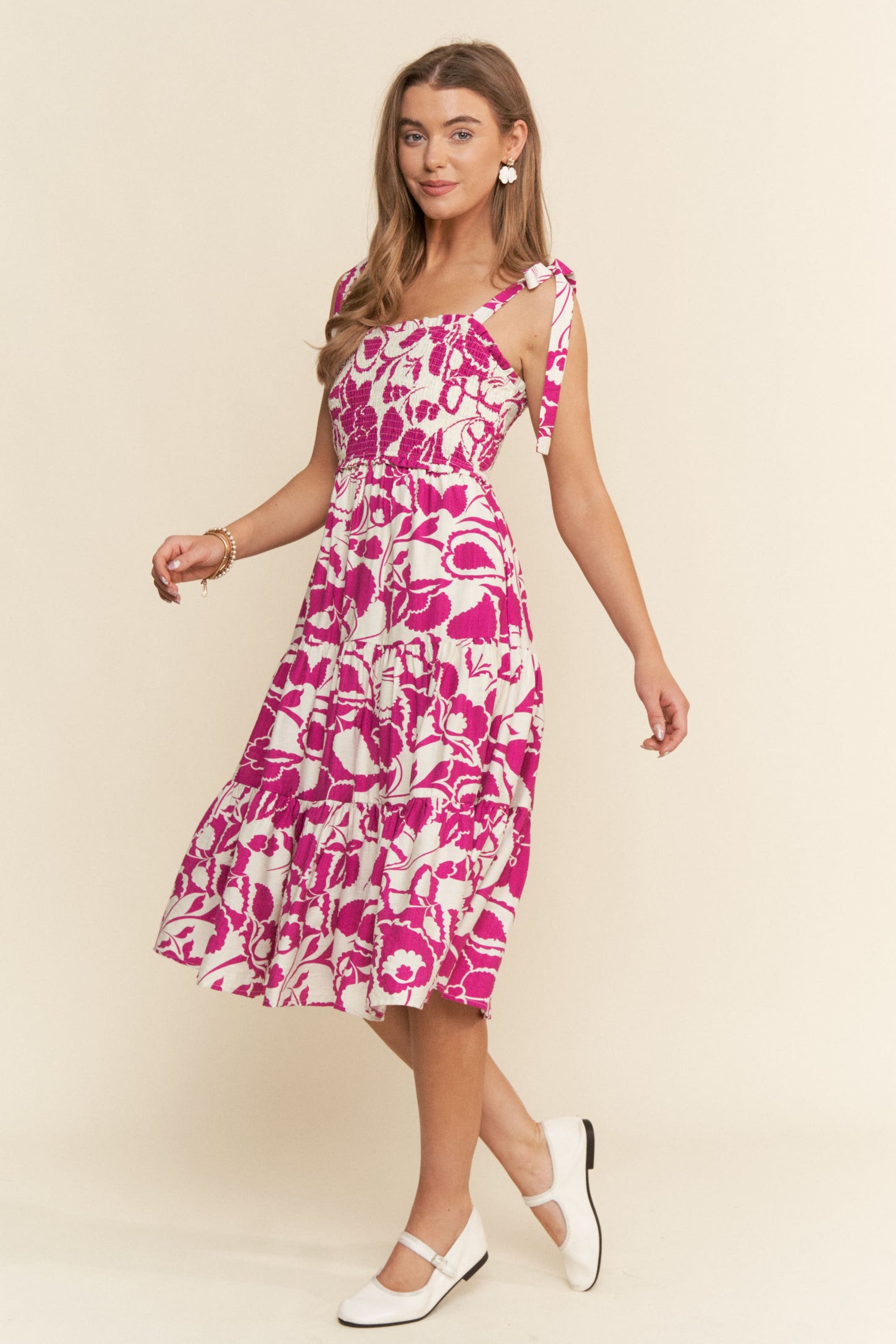 Fuchsia Bloom Floral Print Tie Strap Smocked Tiered Dress