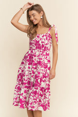 Fuchsia Bloom Floral Print Tie Strap Smocked Tiered Dress