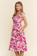 Fuchsia Bloom Floral Print Tie Strap Smocked Tiered Dress