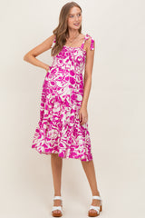 Fuchsia Bloom Floral Print Tie Strap Smocked Tiered Maternity Dress