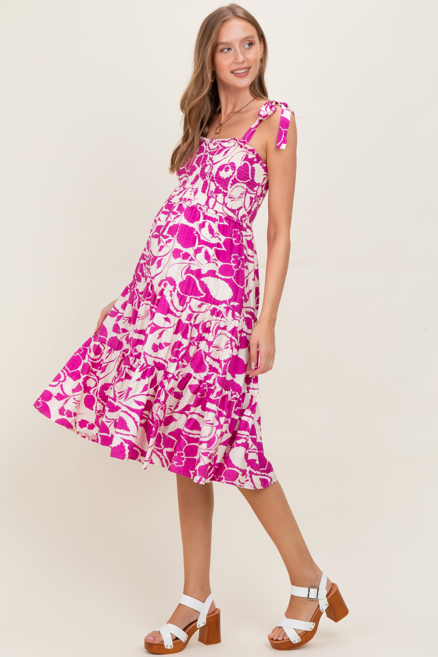 Fuchsia Bloom Floral Print Tie Strap Smocked Tiered Maternity Dress