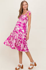 Fuchsia Bloom Floral Print Tie Strap Smocked Tiered Maternity Dress