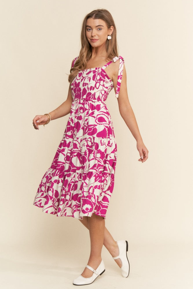 Fuchsia Bloom Floral Print Tie Strap Smocked Tiered Dress