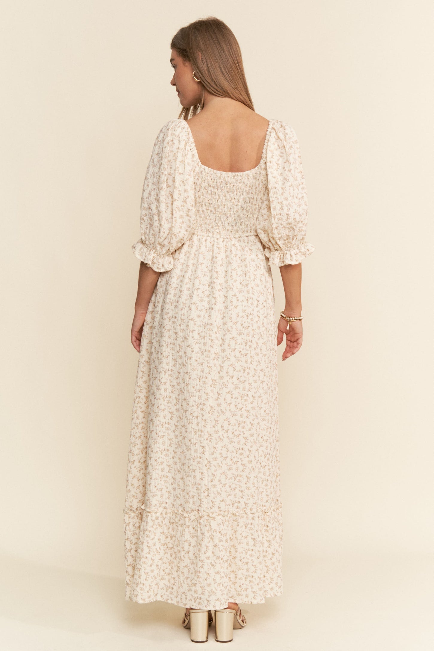 Beige Floral Print Square Neckline Maxi Dress