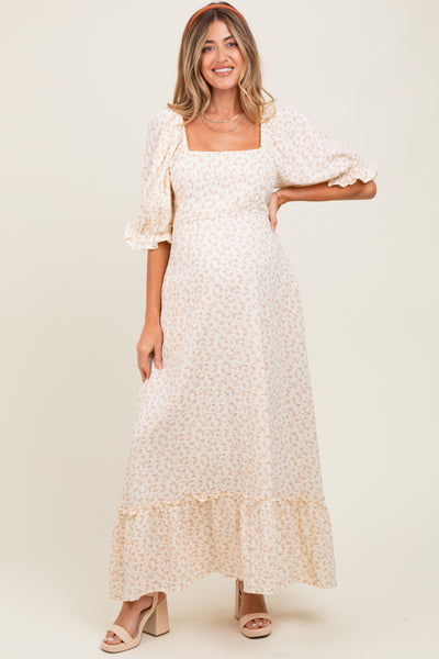 Beige Floral Print Square Neckline Maternity Maxi Dress – PinkBlush