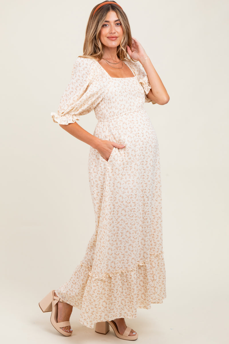 Beige Floral Print Square Neckline Maternity Maxi Dress