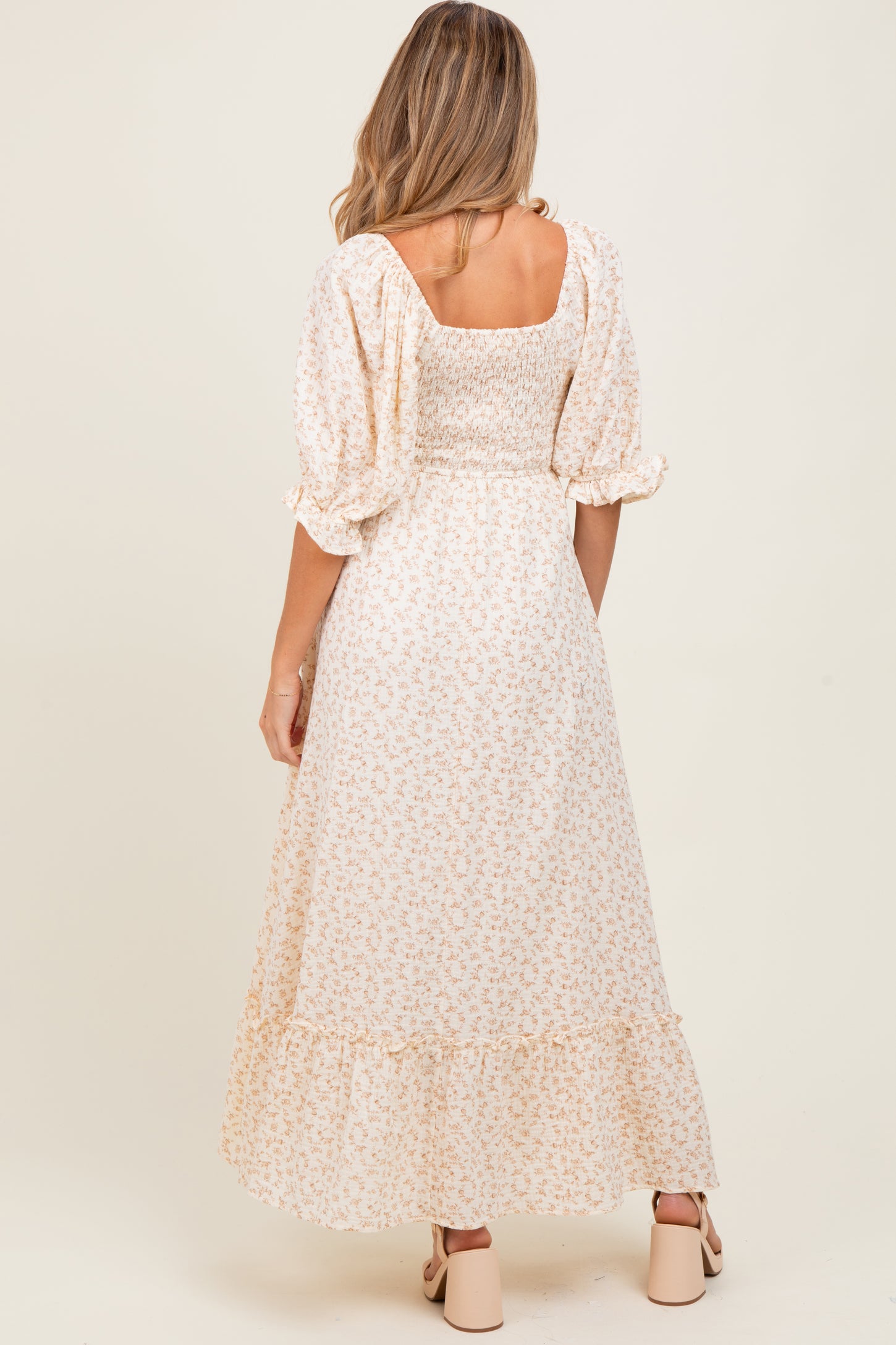 Beige Floral Print Square Neckline Maternity Maxi Dress – PinkBlush