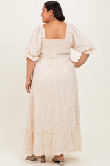 Beige Floral Print Square Neckline Plus Maxi Dress