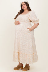 Beige Floral Print Square Neckline Plus Maternity Maxi Dress