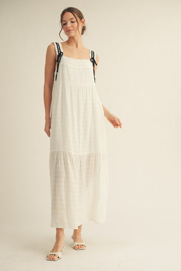White Bow Tie Accent Tiered Maxi Dress