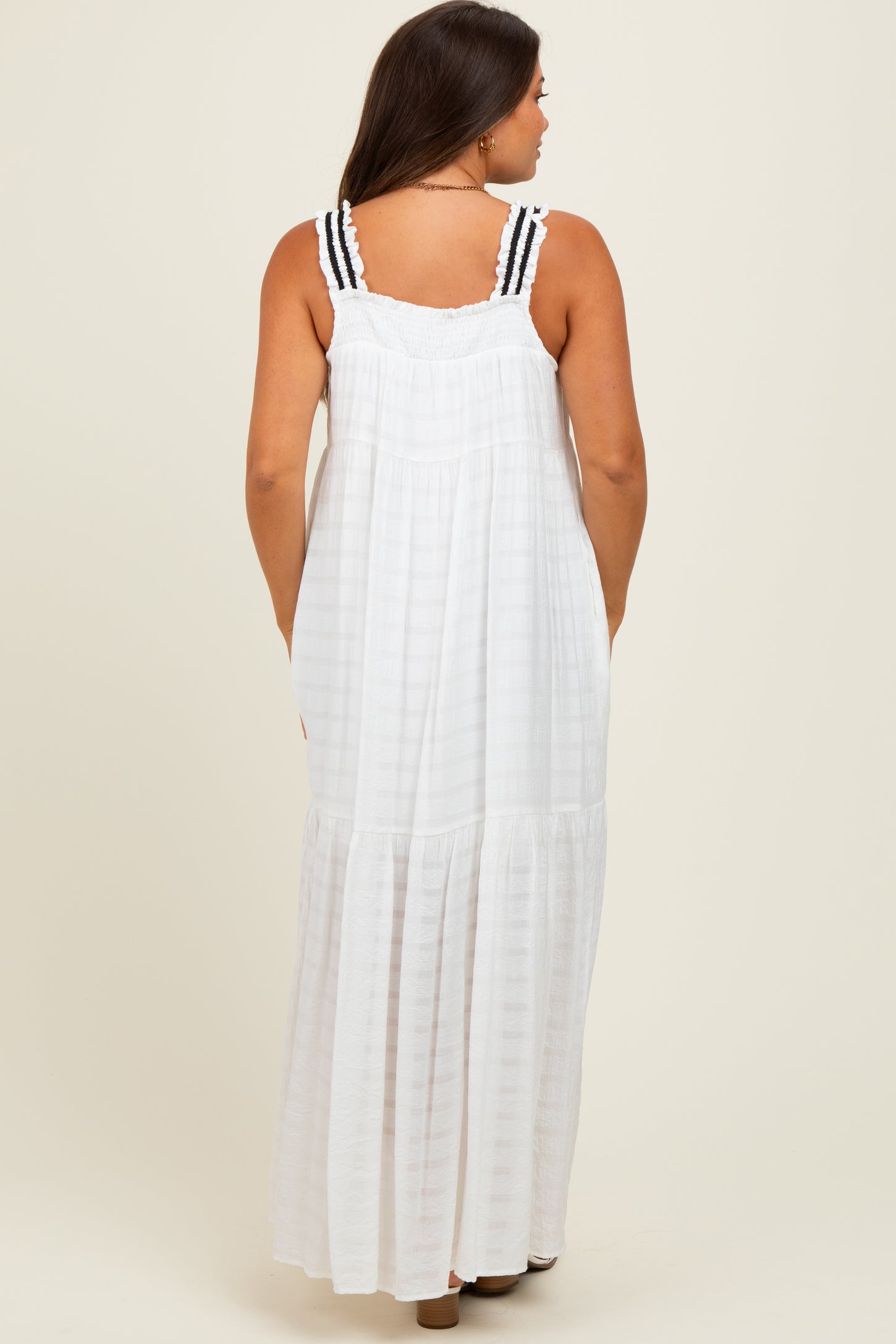 White Bow Tie Accent Tiered Maternity Maxi Dress
