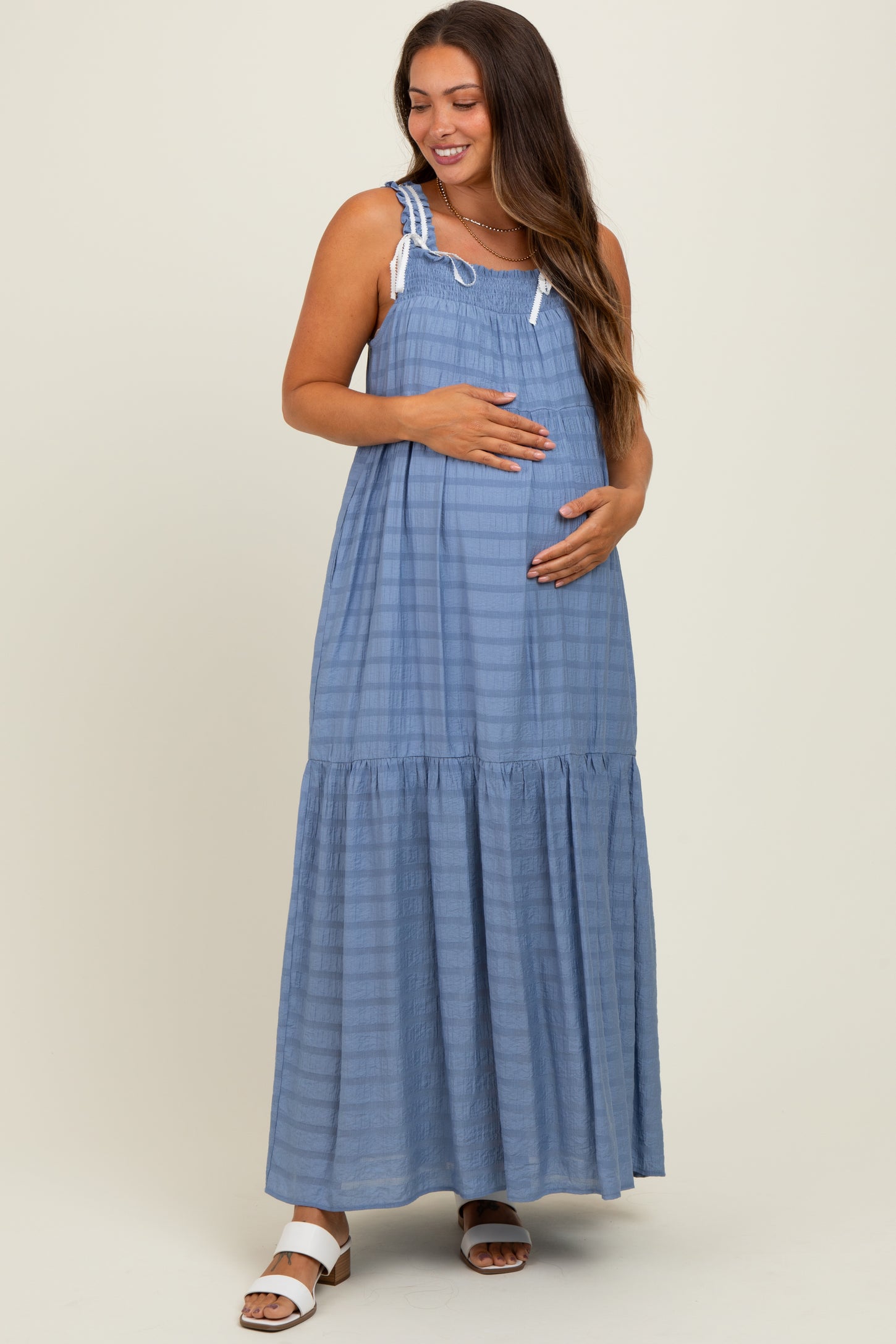 blue bow maternity dress Blue Button-Down Polka Dot Shirred Bow Maternity Midi Dress