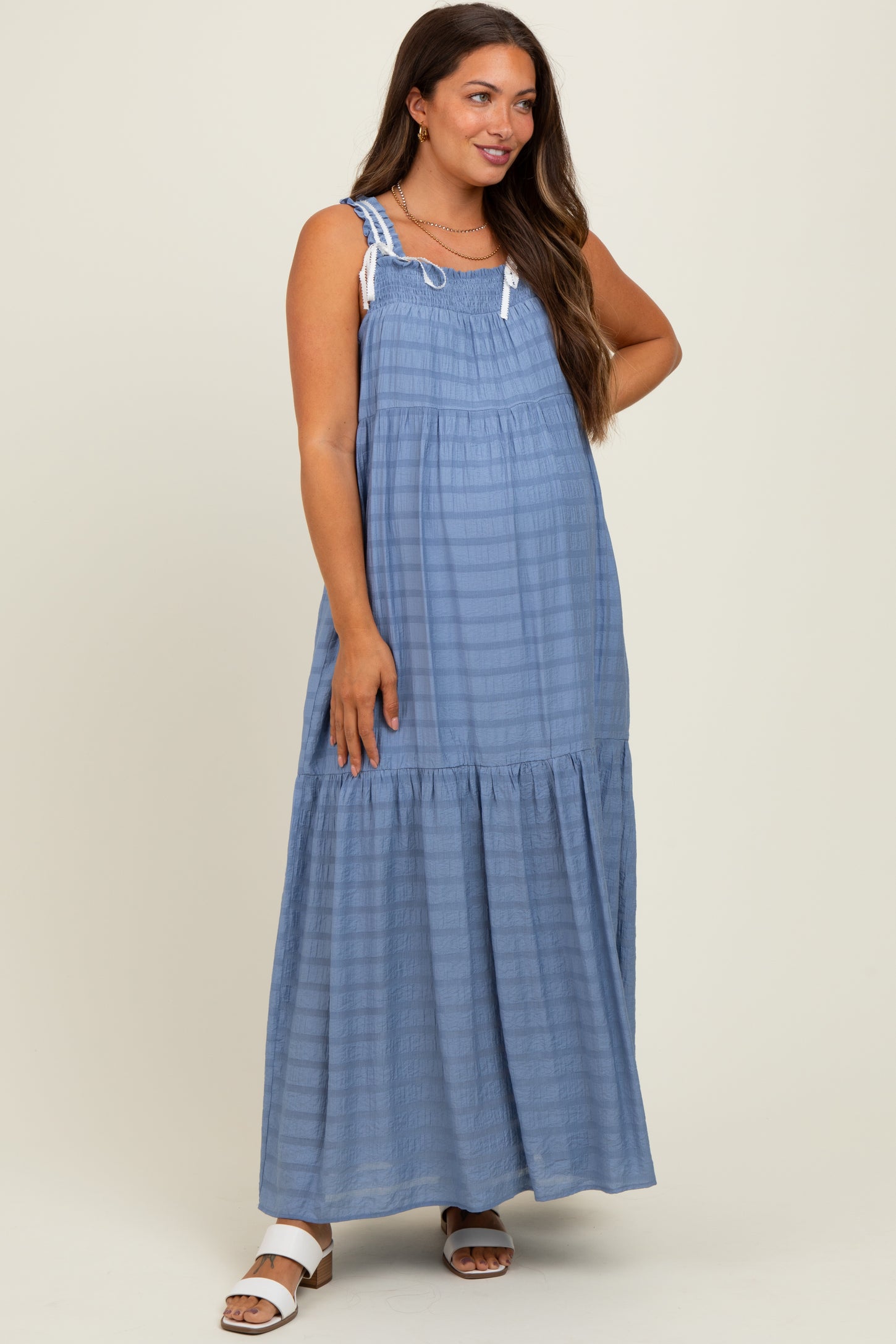 Blue Bow Tie Accent Tiered Maternity Maxi Dress – PinkBlush