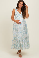 Blue Floral V-Neck Ruffle Strap Tiered Maternity Midi Dress