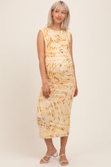 Yellow Printed Ruched Sleeveless Maternity Midi Dress