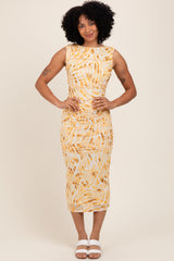 Yellow Printed Ruched Sleeveless Maternity Midi Dress