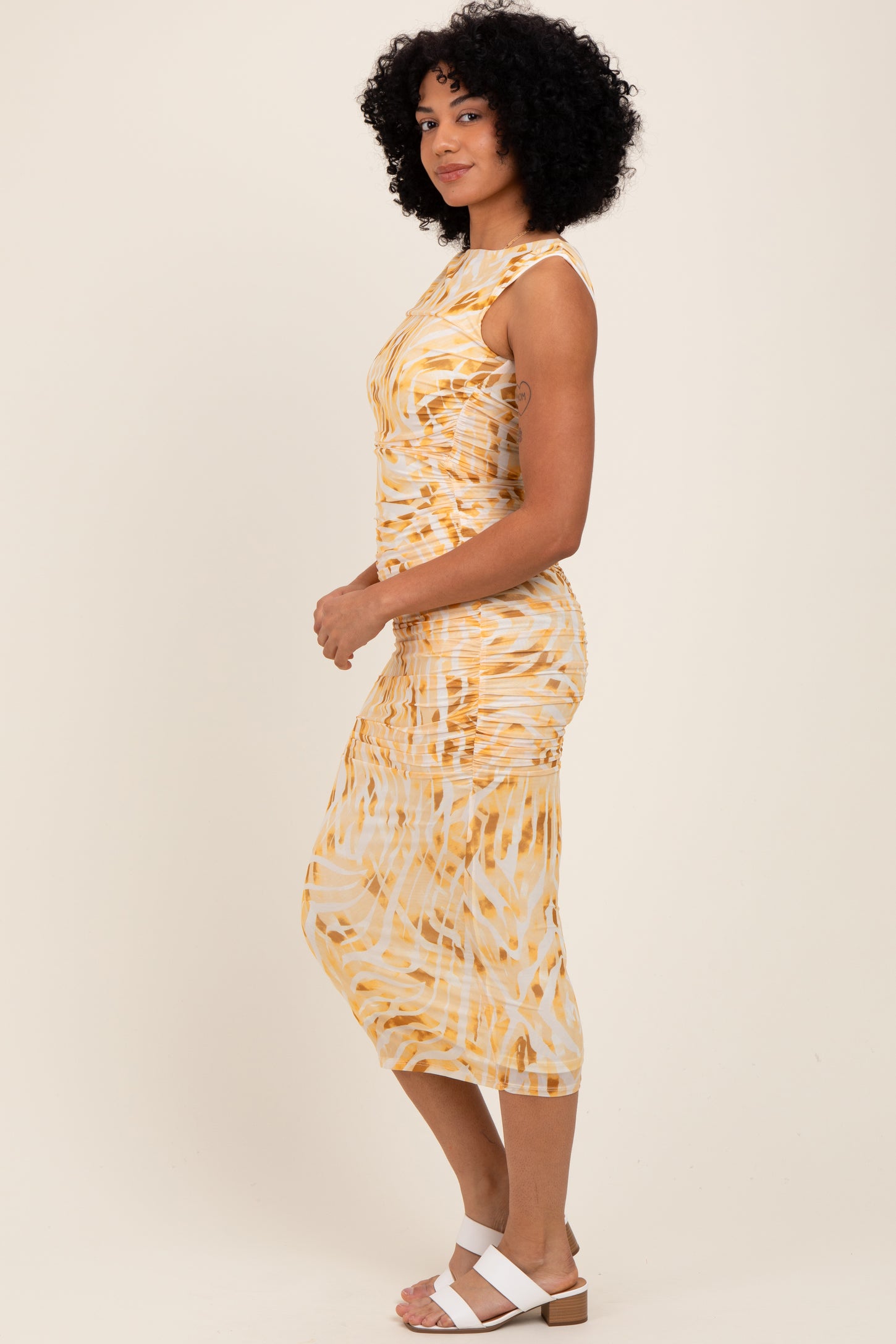 Yellow Printed Ruched Sleeveless Midi Dress