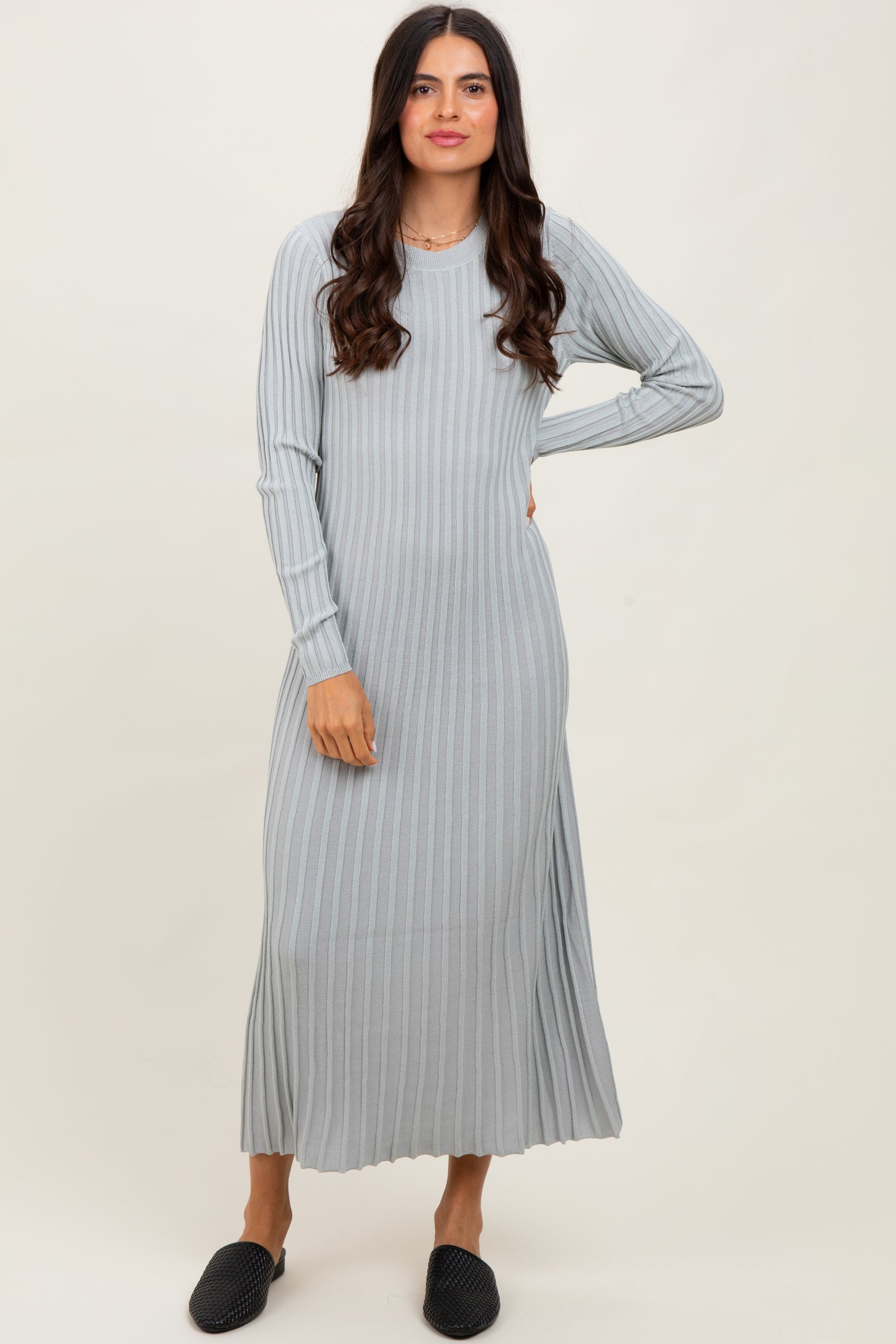 Grey Ribbed Long Sleeve Sweater Midi Dress Grey Ribbed Long Sleeve Sweater Midi Dress