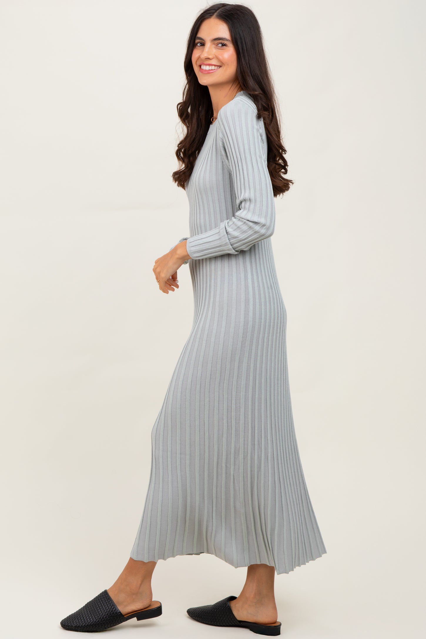 Grey Ribbed Long Sleeve Sweater Midi Dress