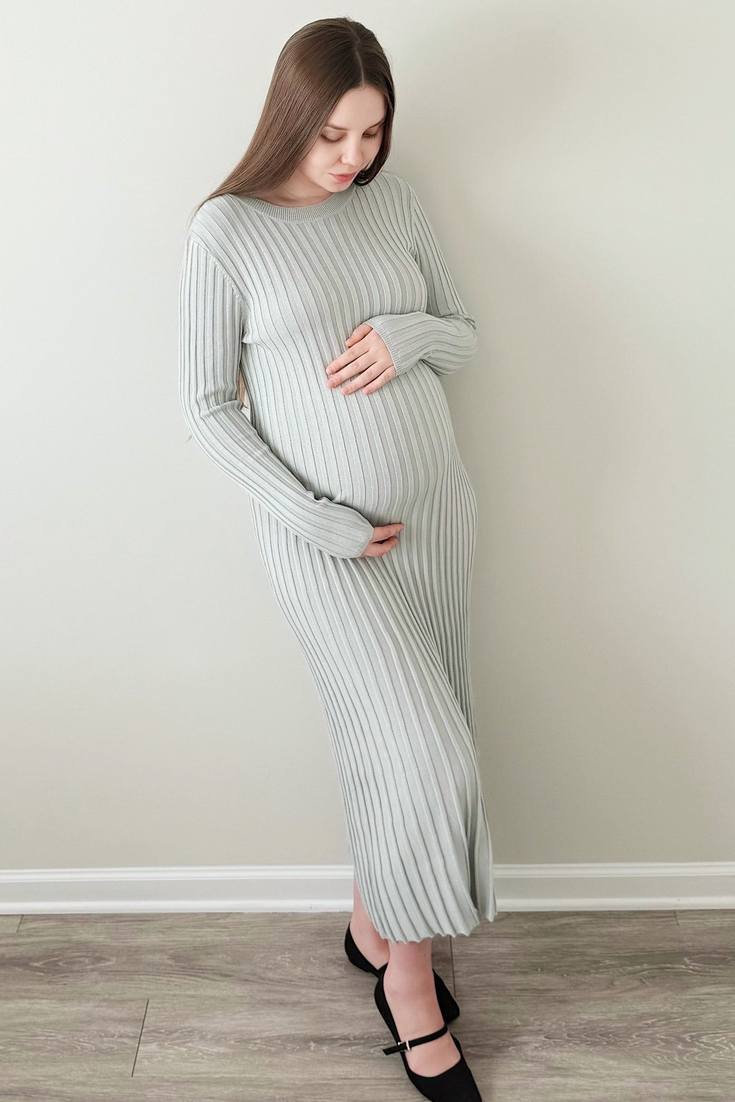 Grey Ribbed Long Sleeve Maternity Sweater Midi Dress Grey Ribbed Long Sleeve Maternity Sweater Midi Dress