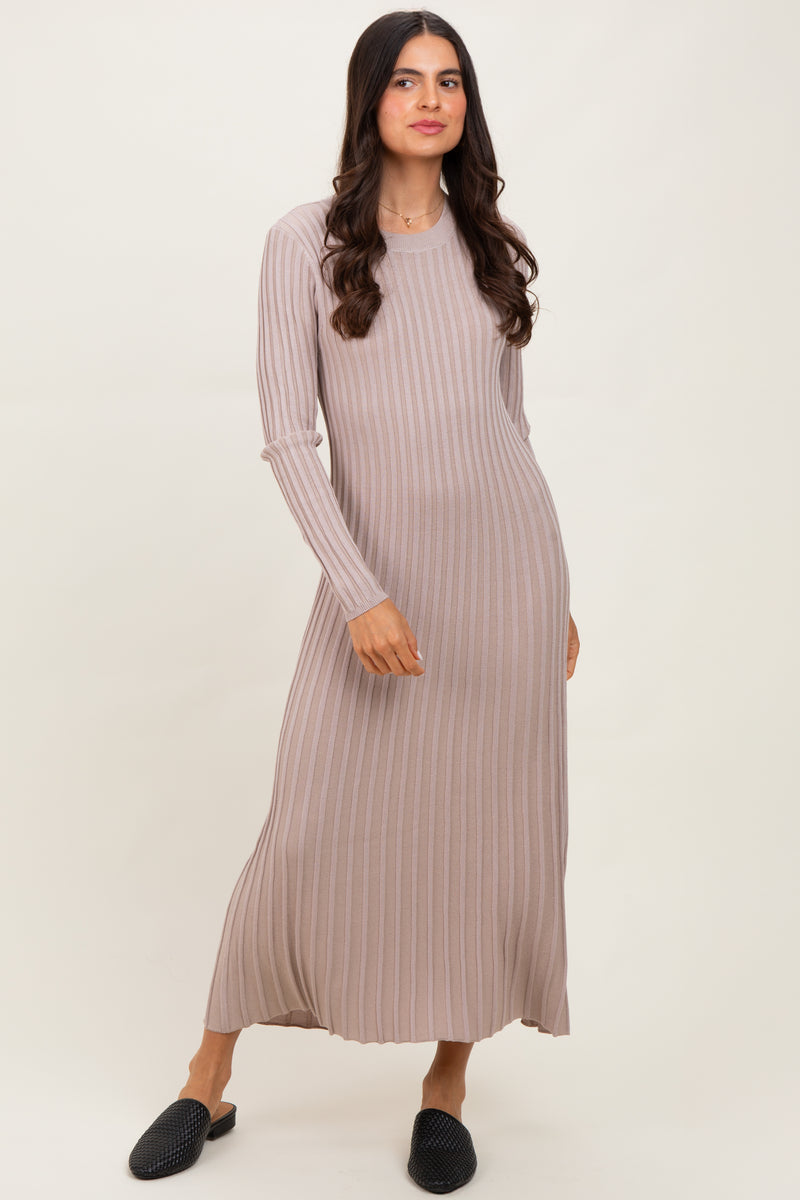 Beige Ribbed Long Sleeve Sweater Midi Dress  PinkBlush