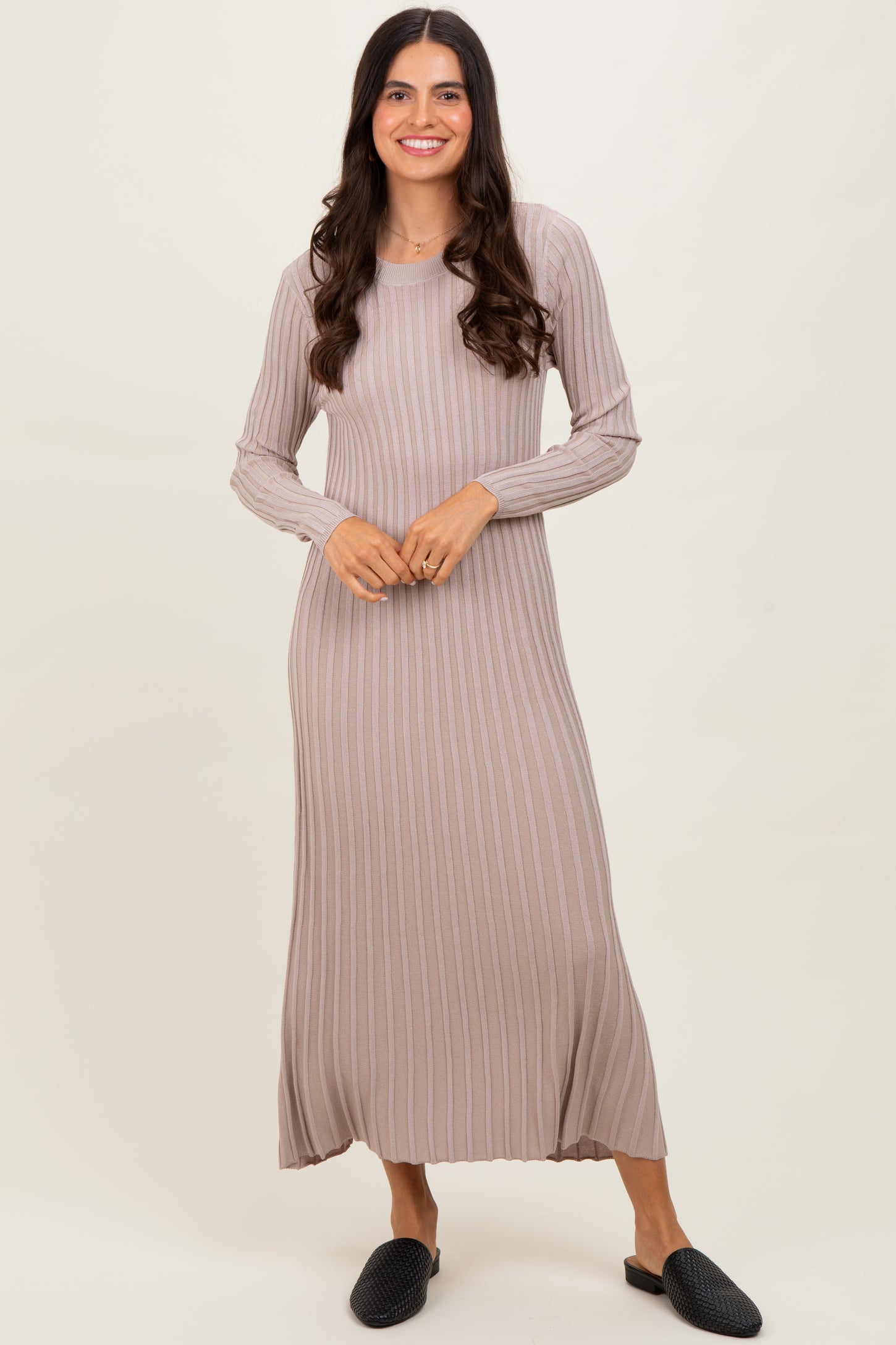 Beige Ribbed Long Sleeve Maternity Sweater Midi Dress