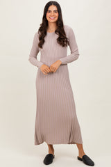 Beige Ribbed Long Sleeve Maternity Sweater Midi Dress