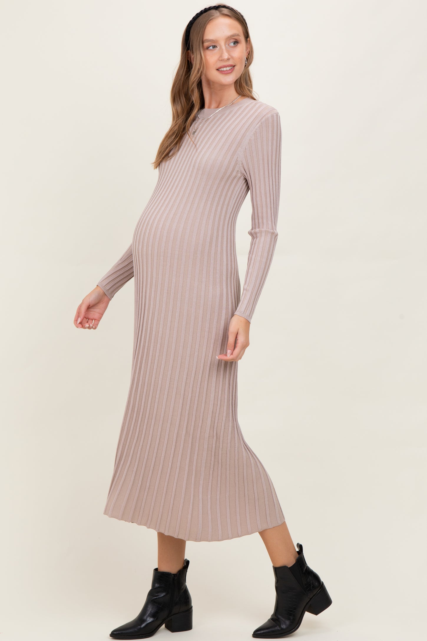 Beige Ribbed Long Sleeve Maternity Sweater Midi Dress PinkBlush Beige Ribbed Long Sleeve Maternity Sweater Midi Dress PinkBlush