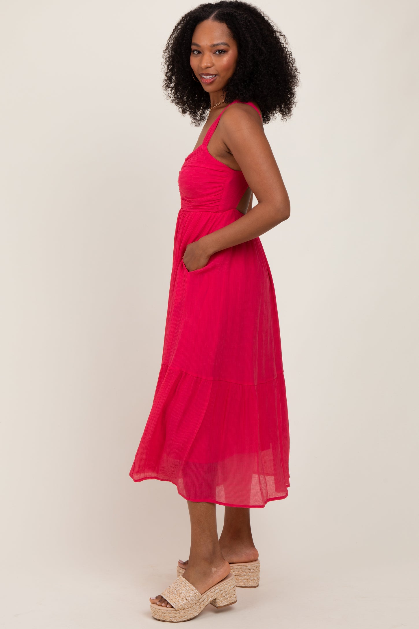 Fuchsia Cinched Bust Cutout Midi Dress