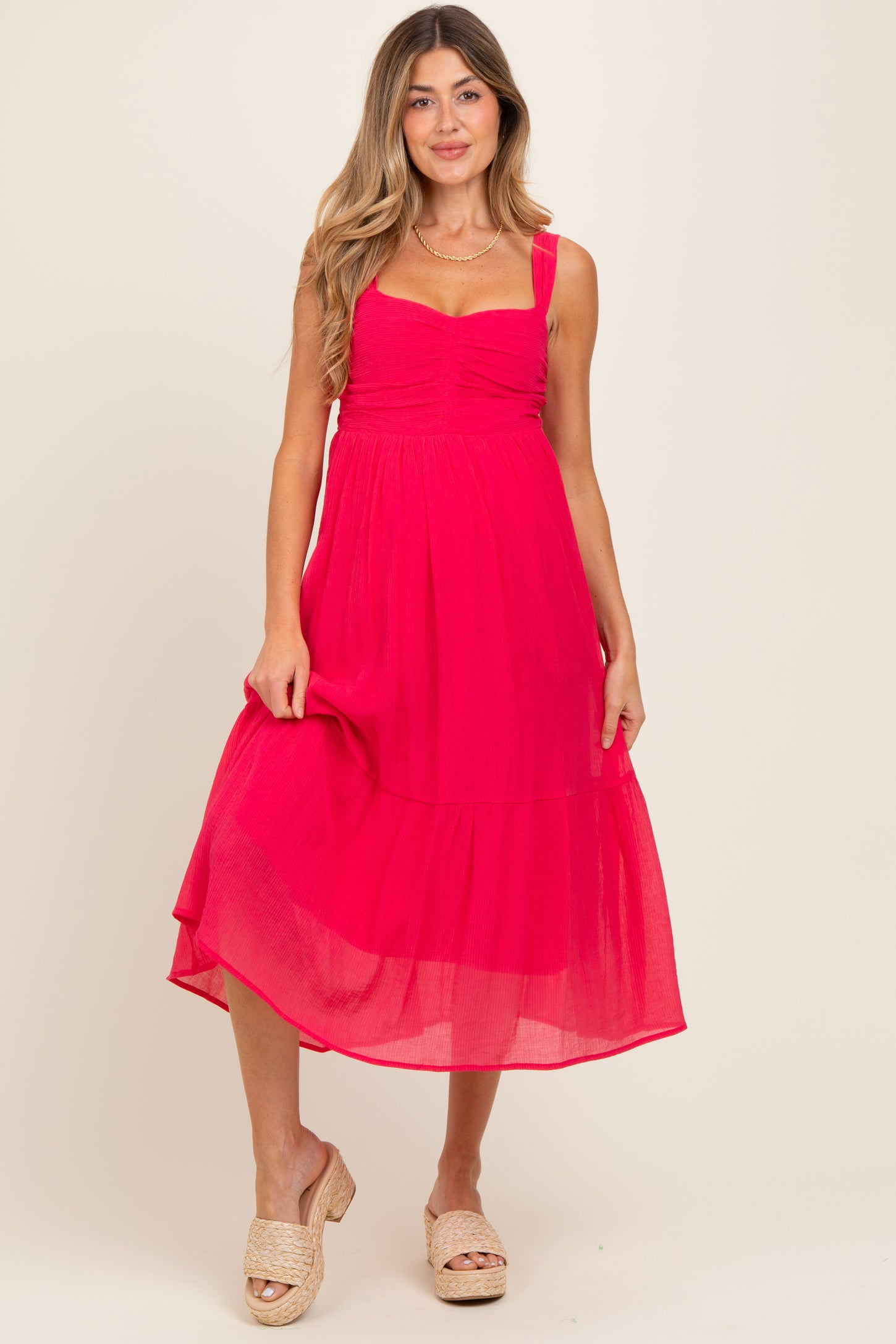 Fuchsia Cinched Bust Cutout Maternity Midi Dress